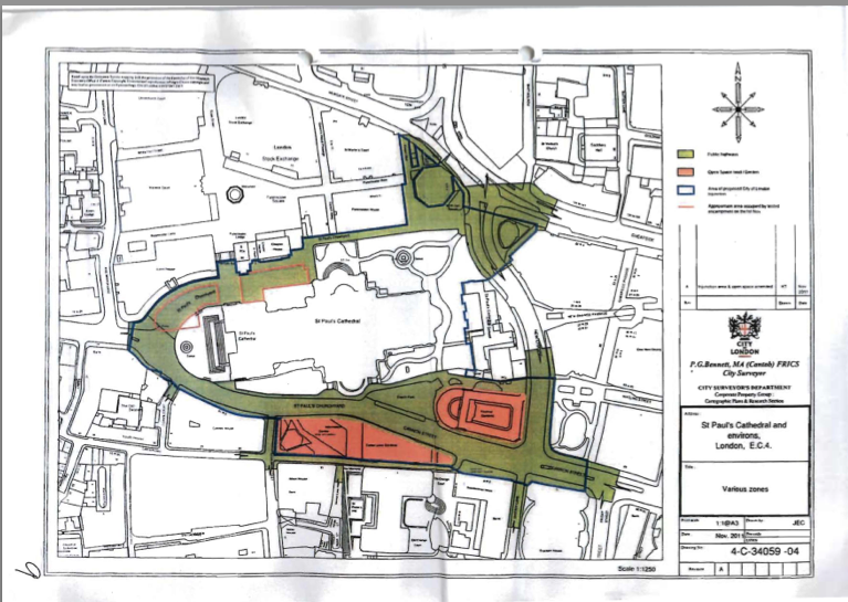 Map of the land around St Paul's, used to determine that the land was a public highway, and so the property of the Corporation of London (R v Samede, 2011)