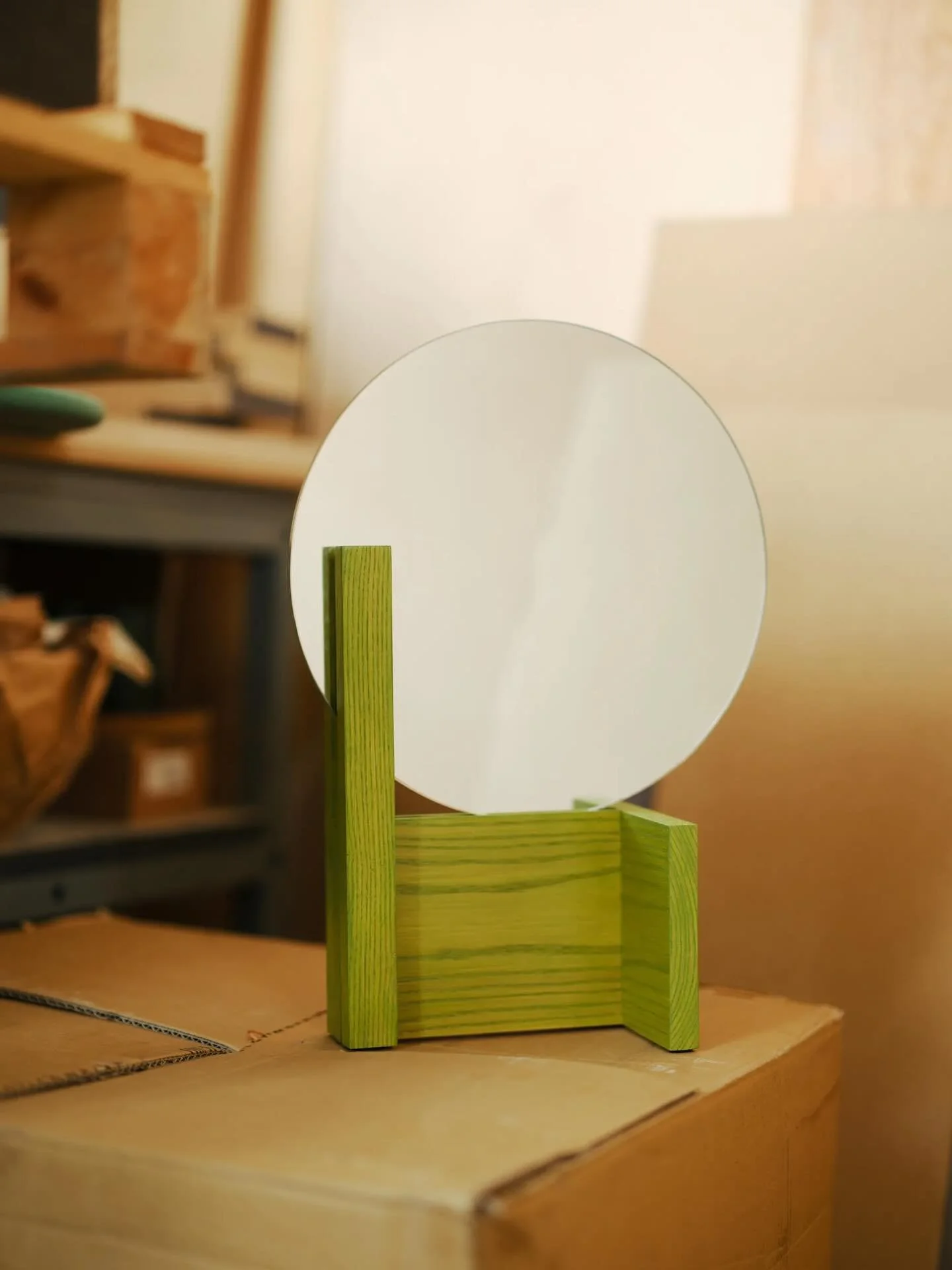 Our Serendipity Mirror in pea green part of @volum_no at @other.circle @3daysofdesign 

A small, intuitive object born from hands-on trial and error in the workshop. Third picture shows the original prop we felt deserved a life beyond our workshop. 
