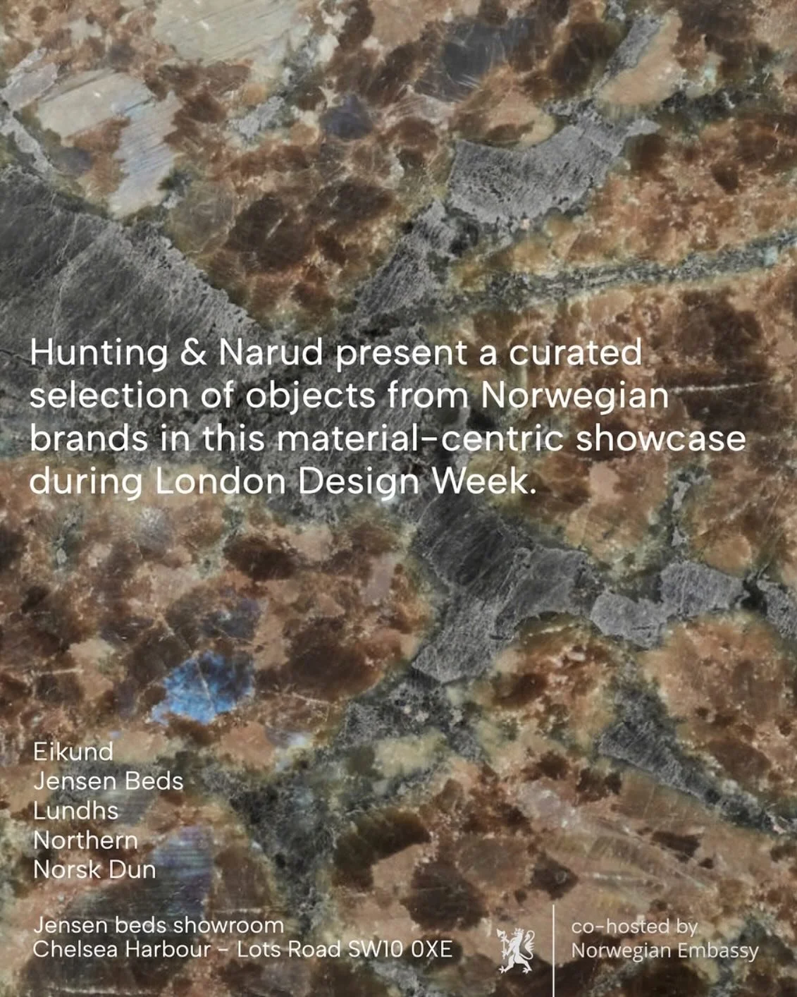 Hunting &amp; Narud present a curated selection of Norwegian objects, set within a material installation crafted from Lundhs&rsquo; stone. The showcase features pieces from norwegian brands, alongside a new bespoke table designed by us, crafted from 