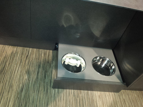 Kitchen design with toe kick dog bowls.