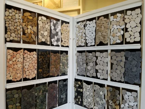 Pebble tiles for a shower floor.