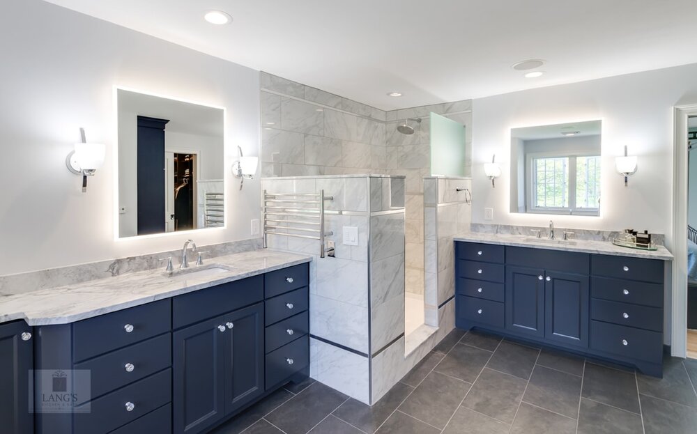 bathroom design with LED backlit mirrors