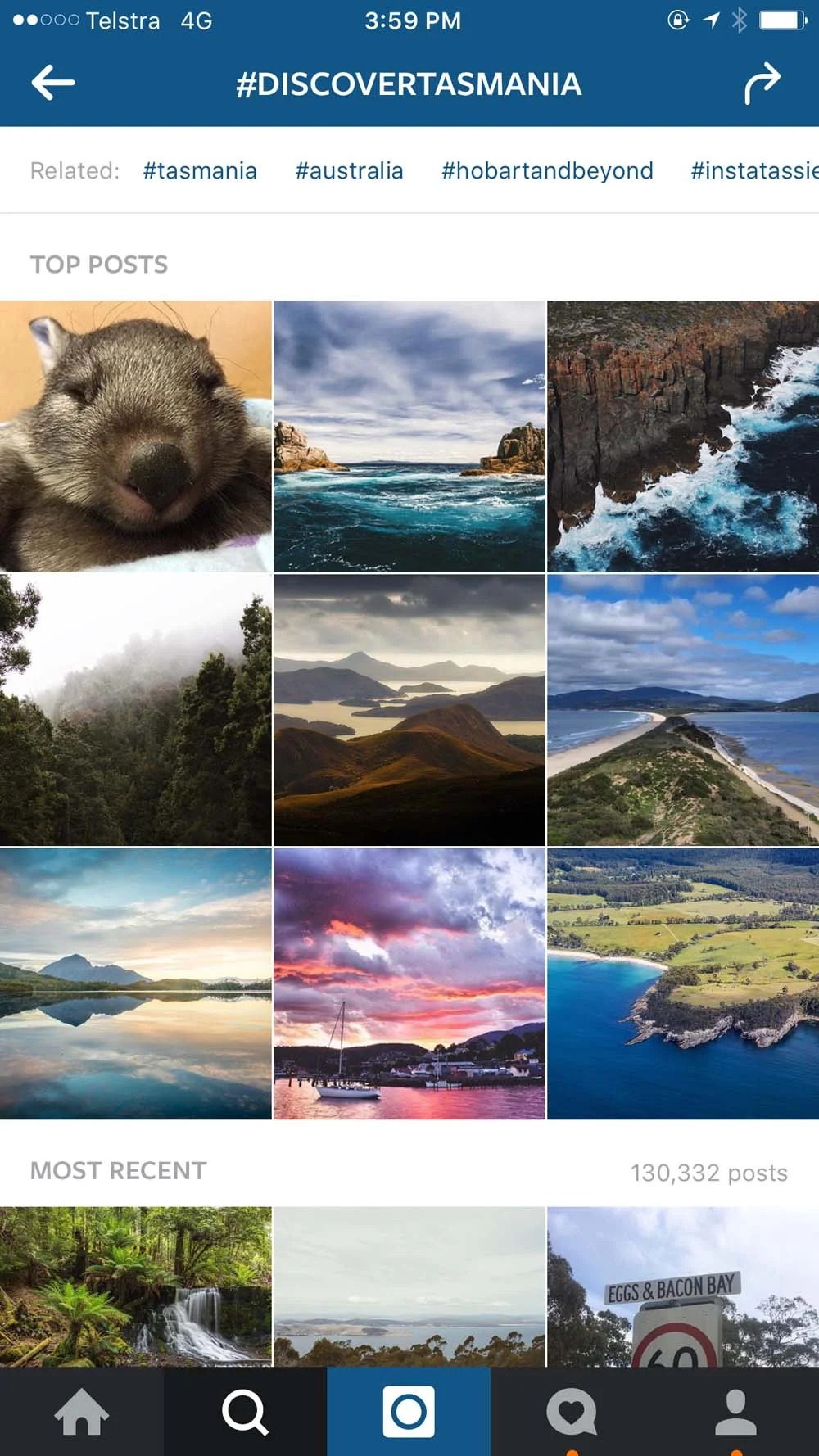 Nas duas imagens acima, por favor, note a diferença nos números dos "Top Posts" que estão aparecendo em duas contas diferentes. E também note a variação nas hashtags "Related" apresentadas nas duas contas. Esses screenshots foram tirados exatamente às 15h59 no sábado, 6 de dezembro de 2015, em dois telefones diferentes, cada um logado em contas diferentes.