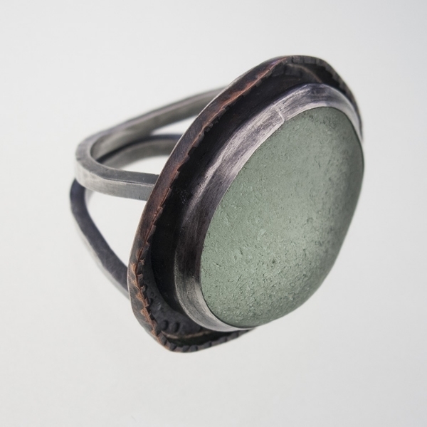 beach glass, sterling and copper ring
