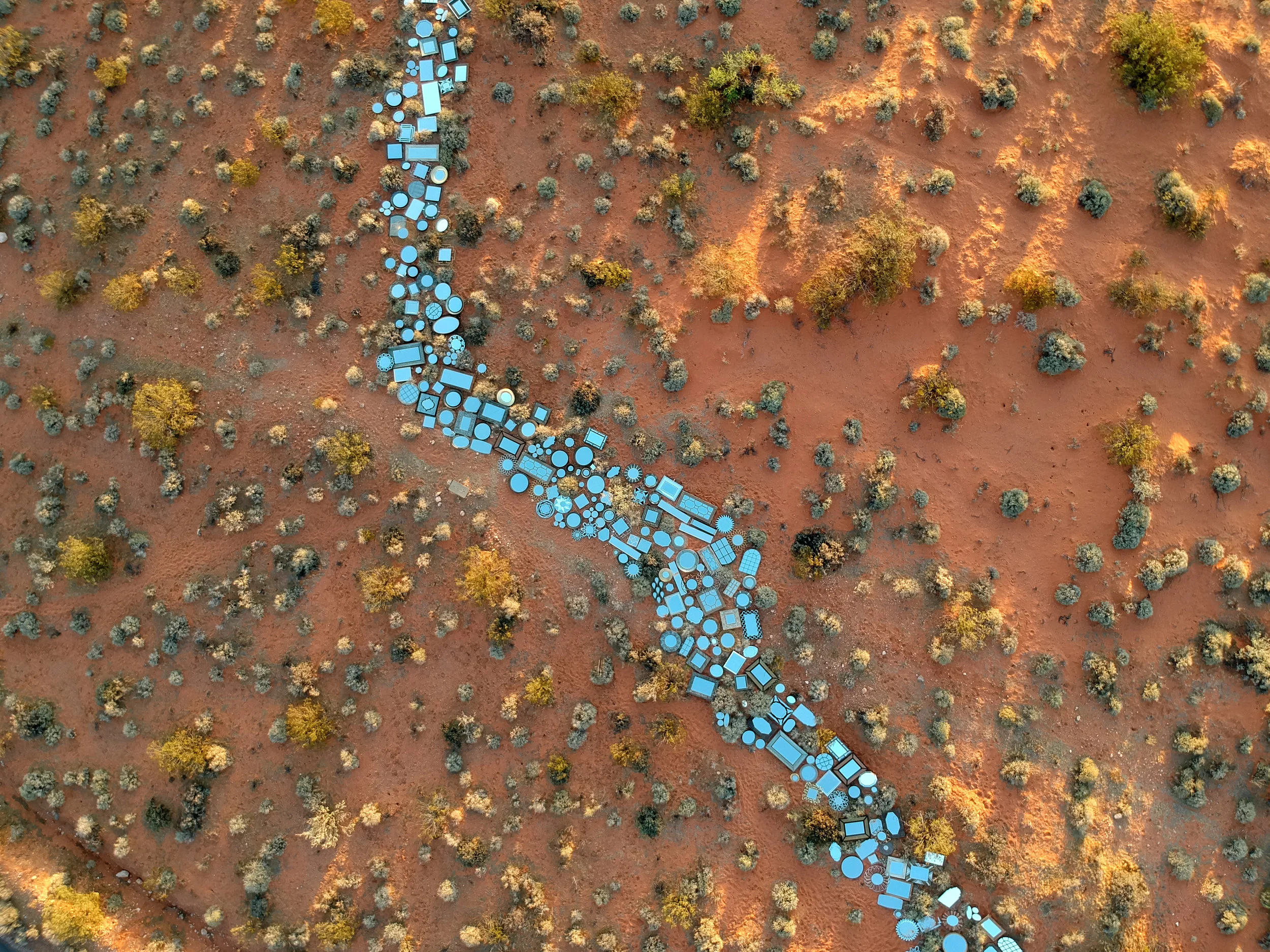 A river of mirrors as seen from a drone in the Valley of Fire, Nevada.