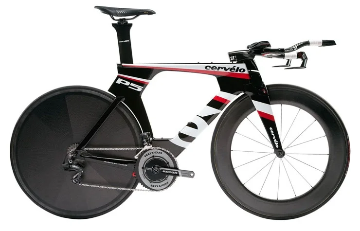 Cervelo P5. Note the integrated stem, handlebars, fork and front brake. Increasingly, more and more TT bikes are starting to have these same features (FYI, this is what I mean when I say "Superbike"). Unfortunately, they aren't cheap. This bike as pictured will run you $10,000