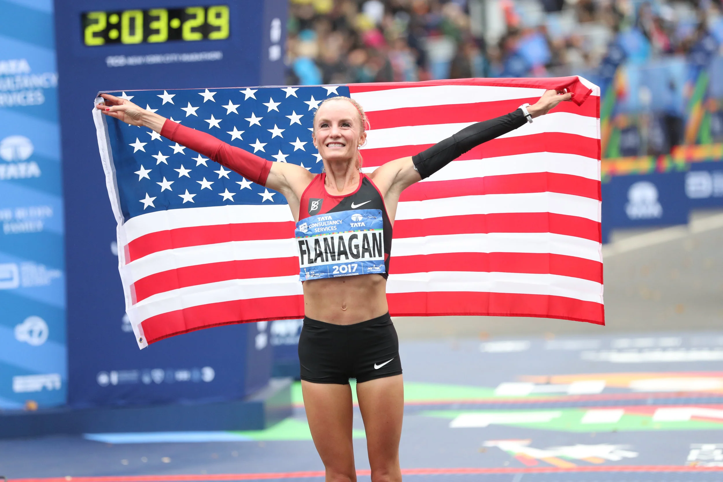 Shalene Flanagan winning the NYC Marathon in 2017. This was the first time an American woman had won the race in 40 years.