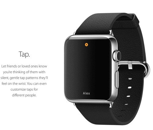 (IMAGE FROM APPLE.COM) Wearers simply tap on the watch face and the person on the other end of the conversation feels those taps on their wrist, as if someone had touched their wrist.