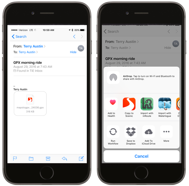 Email the GPX to yourself then in Mail on iOS (iPhone or iPad) tap on the GPX and select Copy to Scenic