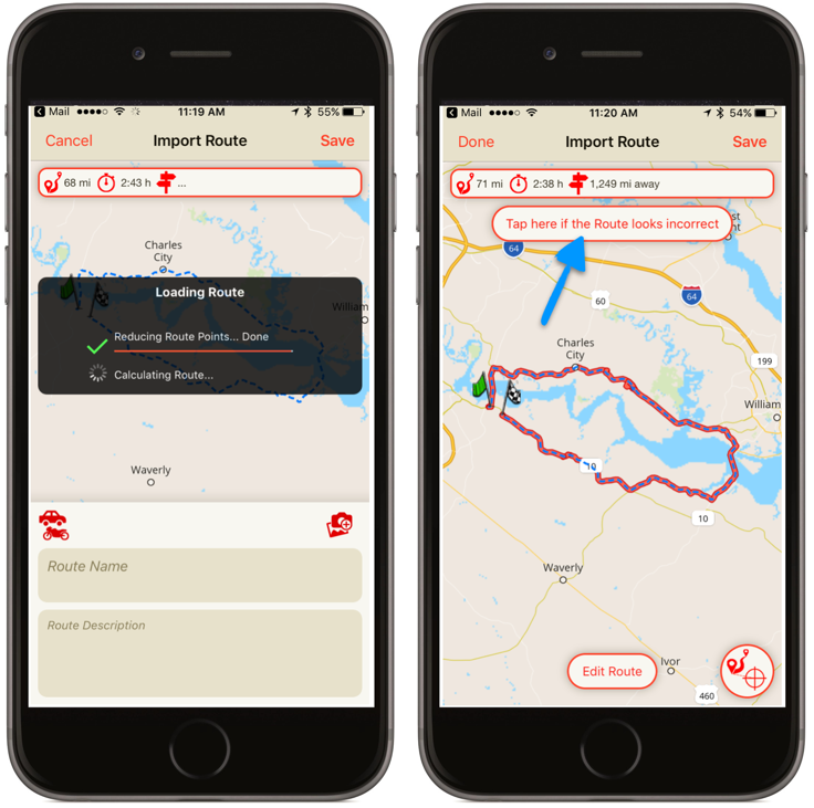 After the route optimizes, you can select to EDIT if the route doesn't quite look right. Blue line represents the GPX path, while the red line is the chose route. You can edit the via points if you wish and personalize the route to suit your needs.