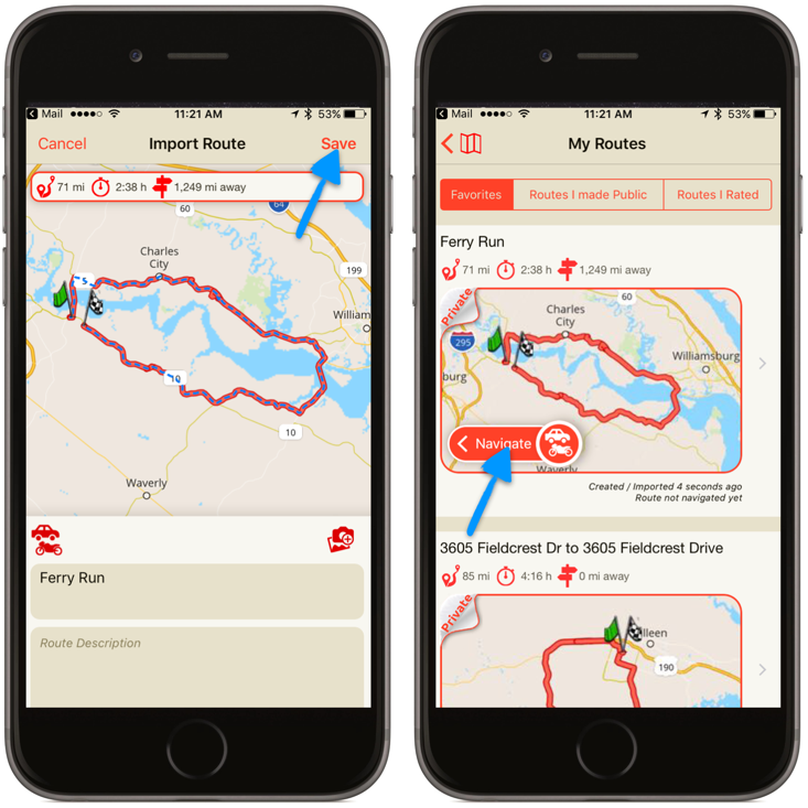 Finally, enter a name, perhaps a description and SAVE. At that point you are ready to begin navigating the route from your iOS device.