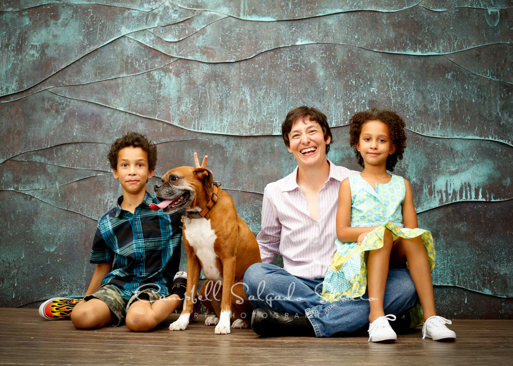  Portrait of family on copper background&nbsp;by family photographers at Campbell Salgado Studio, Portland, Oregon. 