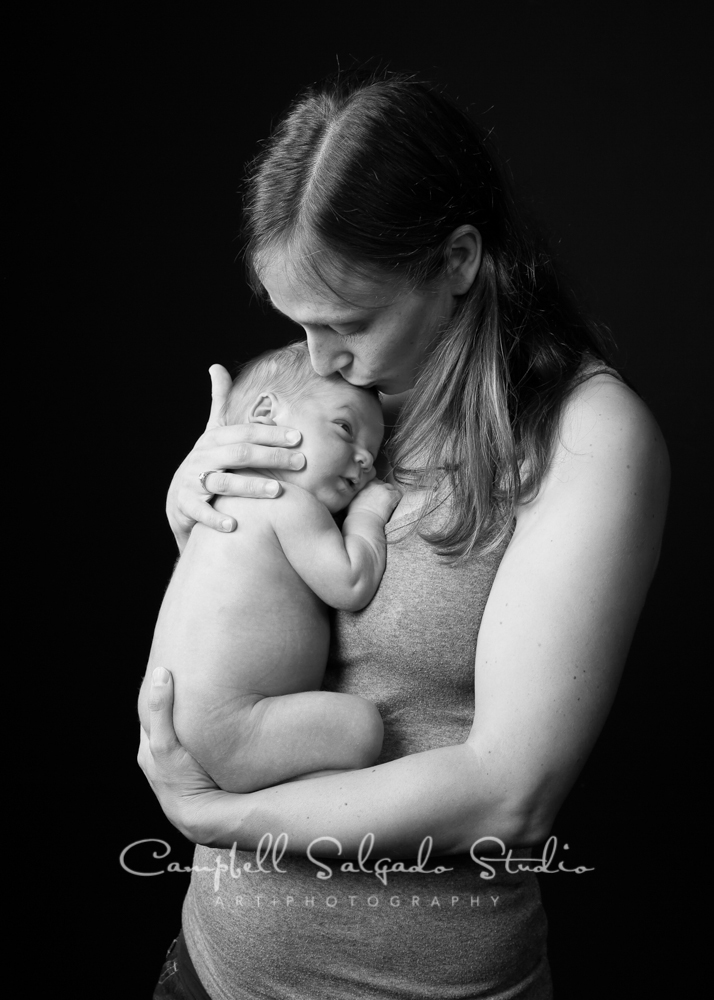  Black and white portrait of mama and baby&nbsp; by newborn photographers at Campbell Salgado Studio, Portland, Oregon.  