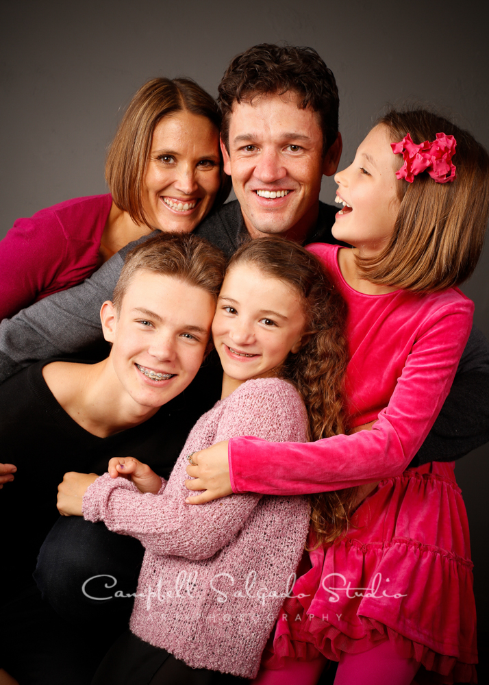  Portrait of family on grey background &nbsp;by family photographers at Campbell Salgado Studio, Portland, Oregon. 