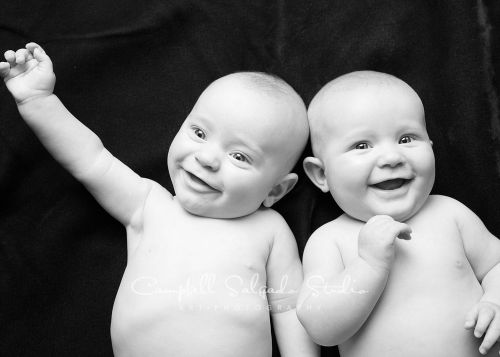  B&amp;W portrait of twins on black background&nbsp;by newborn photographers at Campbell Salgado Studio, Portland, Oregon. 