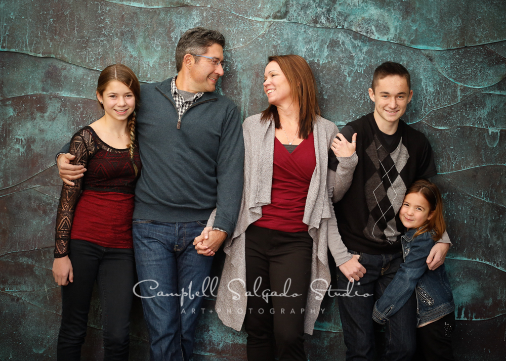  Portrait of family on copper wave background&nbsp;by family photographers at Campbell Salgado Studio, Portland, Oregon. 