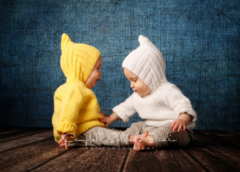  Portrait of twins on denim background&nbsp;by childrens photographers at Campbell Salgado Studio, Portland, Oregon. 