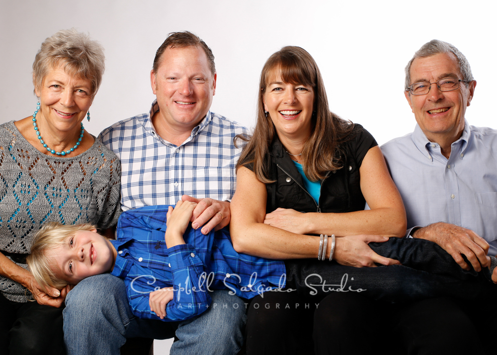  Portrait of multi-generational&nbsp;family on white background&nbsp;by family photographers at Campbell Salgado Studio, Portland, Oregon. 