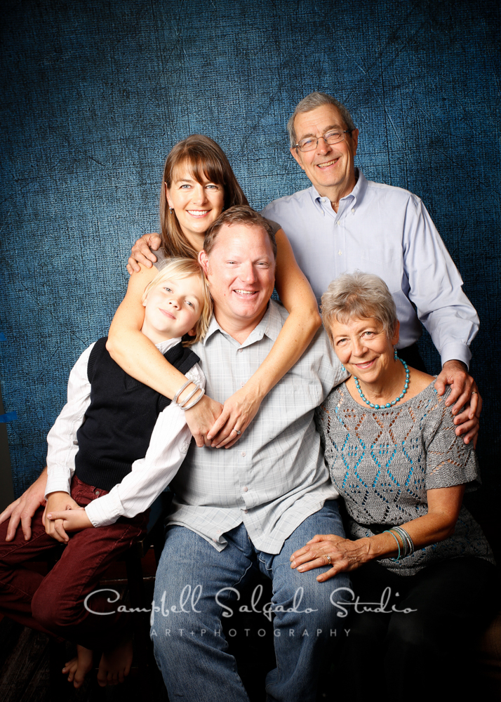  Portrait of multigenerational family on denim background&nbsp;by family photographers at Campbell Salgado Studio, Portland, Oregon. 