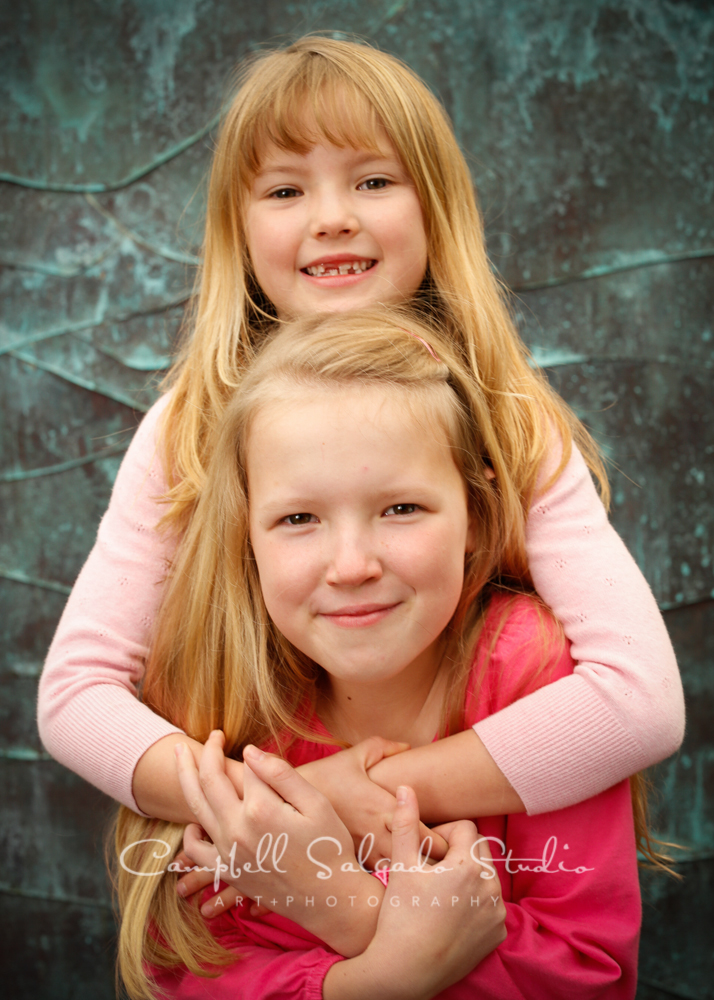  Portrait of girls on copper wave background&nbsp;by child photographers at Campbell Salgado Studio, Portland, Oregon. 