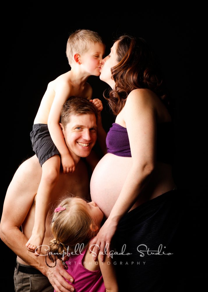  Portrait of family and pregnant mama on black background&nbsp;by family photographers at Campbell Salgado Studio, Portland, Oregon. 