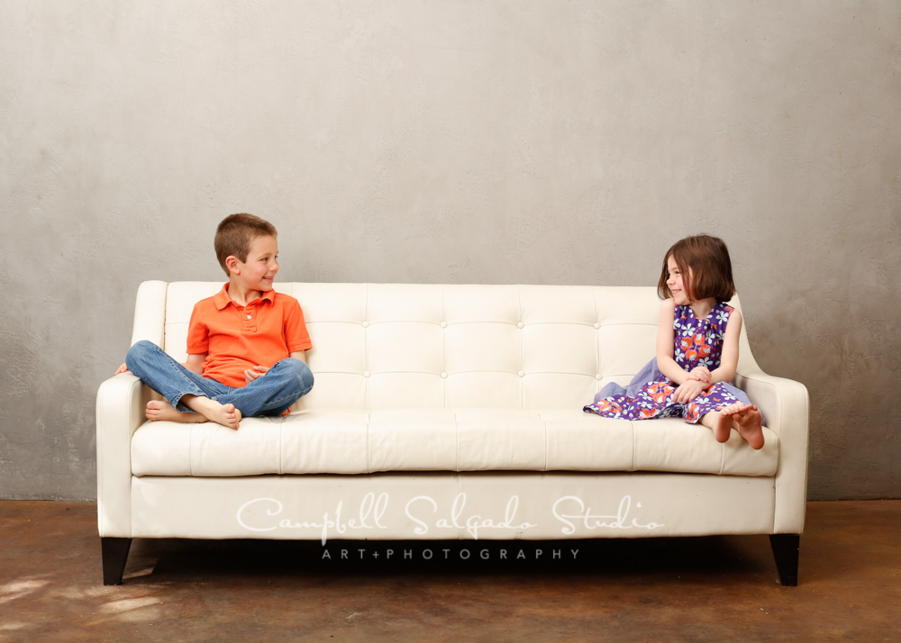  Portrait of kids&nbsp;on modern grey background&nbsp;by family photographers at Campbell Salgado Studio, Portland, Oregon. 