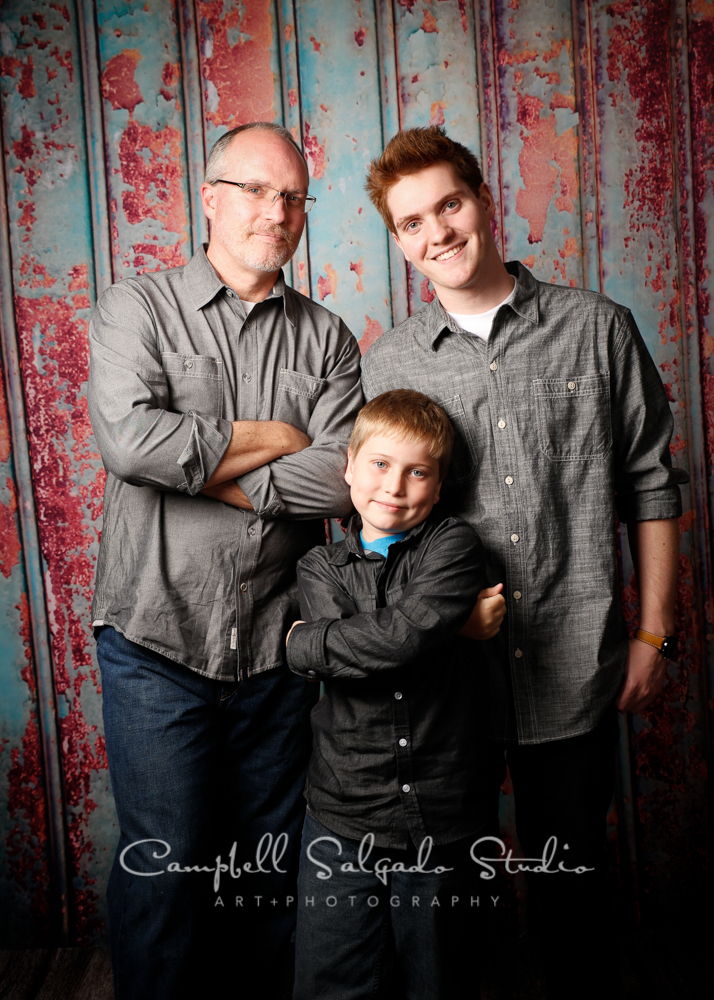  Portrait of father and sons&nbsp;on Italian rust&nbsp;background&nbsp;by family photographers at Campbell Salgado Studio, Portland, Oregon. 