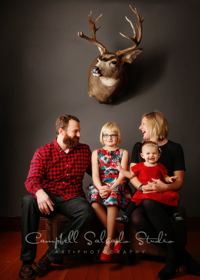   Portrait of family on gray  background &nbsp;by  family &nbsp;photographers at Campbell Salgado Studio in  Portland , Oregon.  