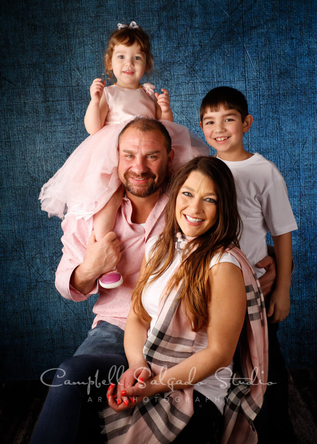  Portrait of family on denim background by family photographers at Campbell Salgado Studio in Portland, Oregon. 
