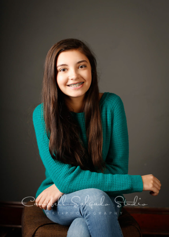  Portrait of girl on grey background by child photographers at Campbell Salgado Studio in Portland, Oregon. 