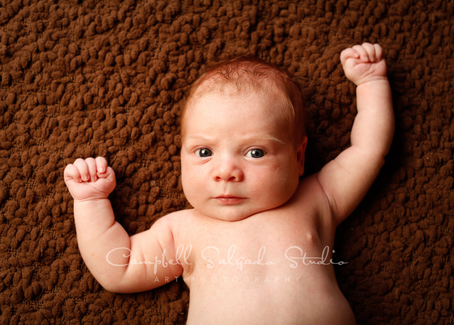  Portrait of infant on blankies background by newborn photographers at Campbell Salgado Studio in Portland, Oregon. 