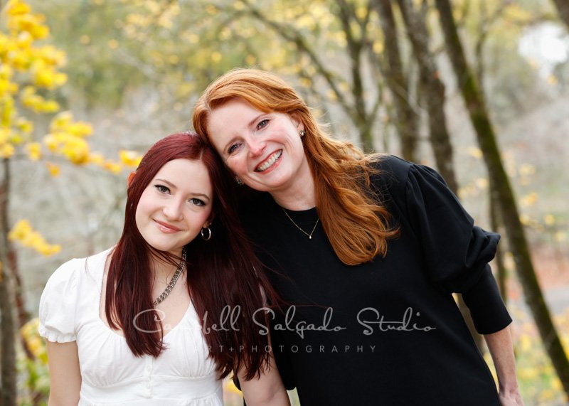  On location portrait of mother and daughter in woodlands by family photographers at Campbell Salgado Studio in Portland, Oregon. 