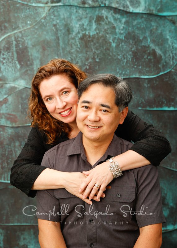  Portrait of couple on ocean weave background by couples photographers at Campbell Salgado Studio in Portland, Oregon. 
