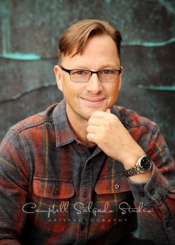  Portrait of individual on ocean weave background by individual photographers at Campbell Salgado Studio in Portland, Oregon. 