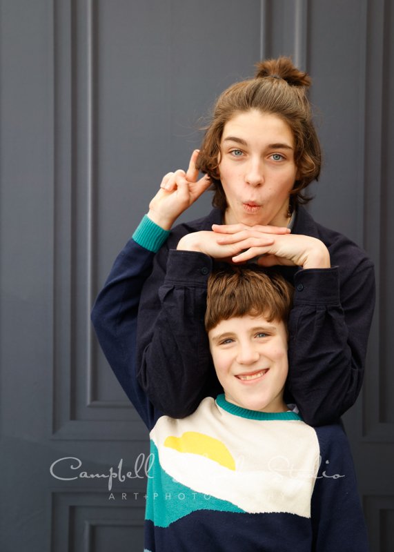  Portrait of children on the Portland Parlour background by family photographers at Campbell Salgado Studio in Portland, Oregon. 