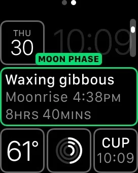 Modular Face showing Date, Moon Phase, Temperature, Activity and World Clock complications