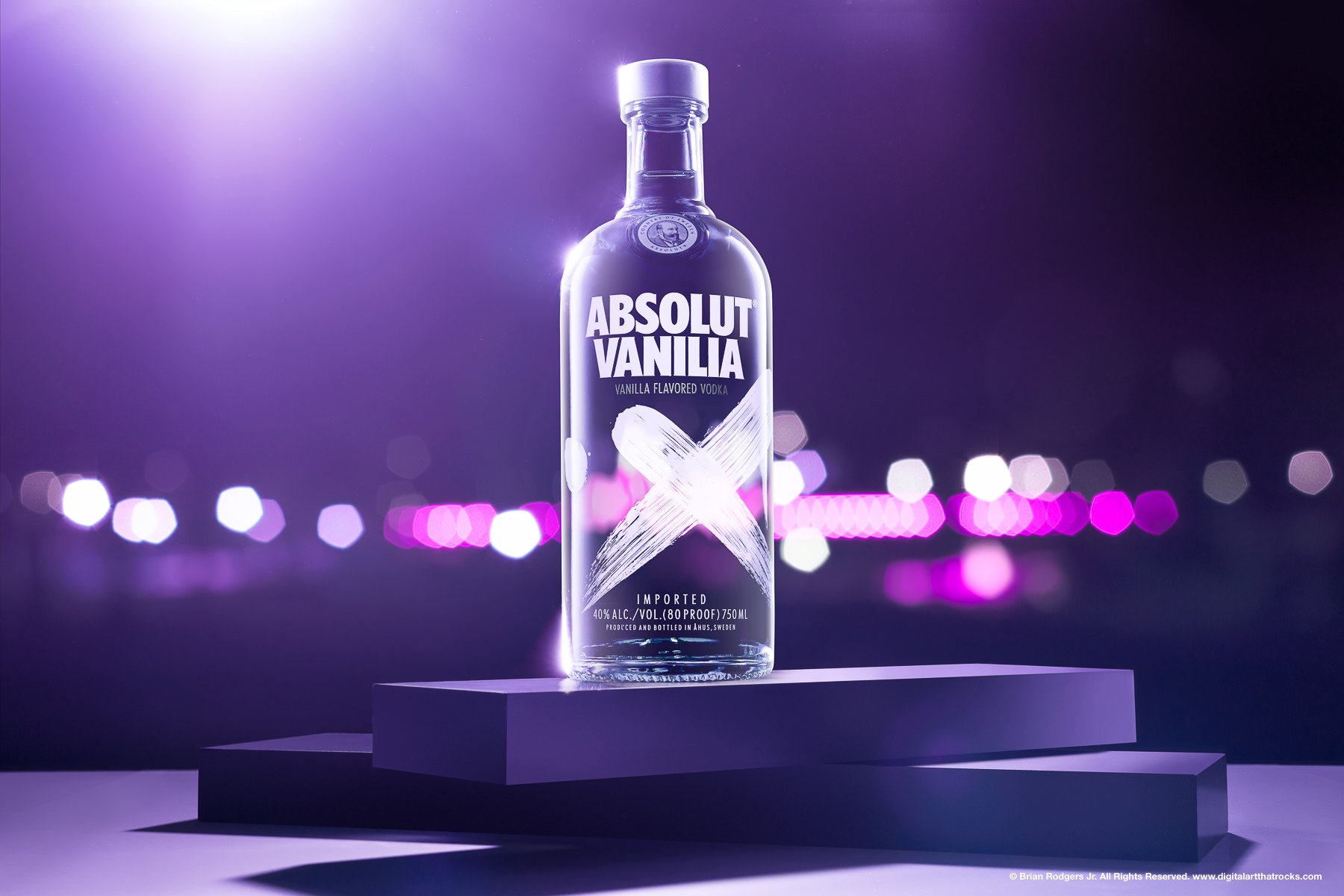 Bold and colorful hero shot beverage photo of a craft vodka bottle sitting on top of two wooden planks, set against an evening outdoor cityscape bokeh background.