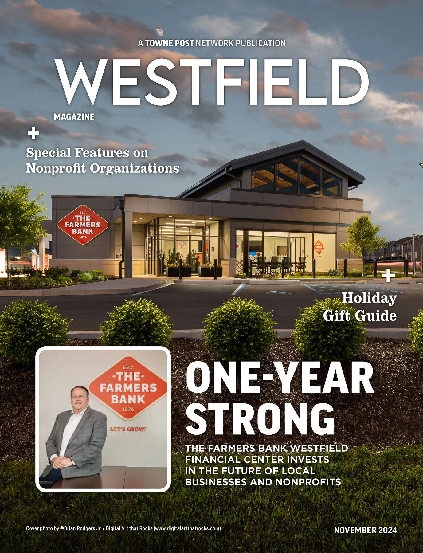 Westfield Magazine cover featuring professional architectural photography of The Farmers Bank exterior, demonstrating published editorial work and visual credibility for commercial development and architecture firms.