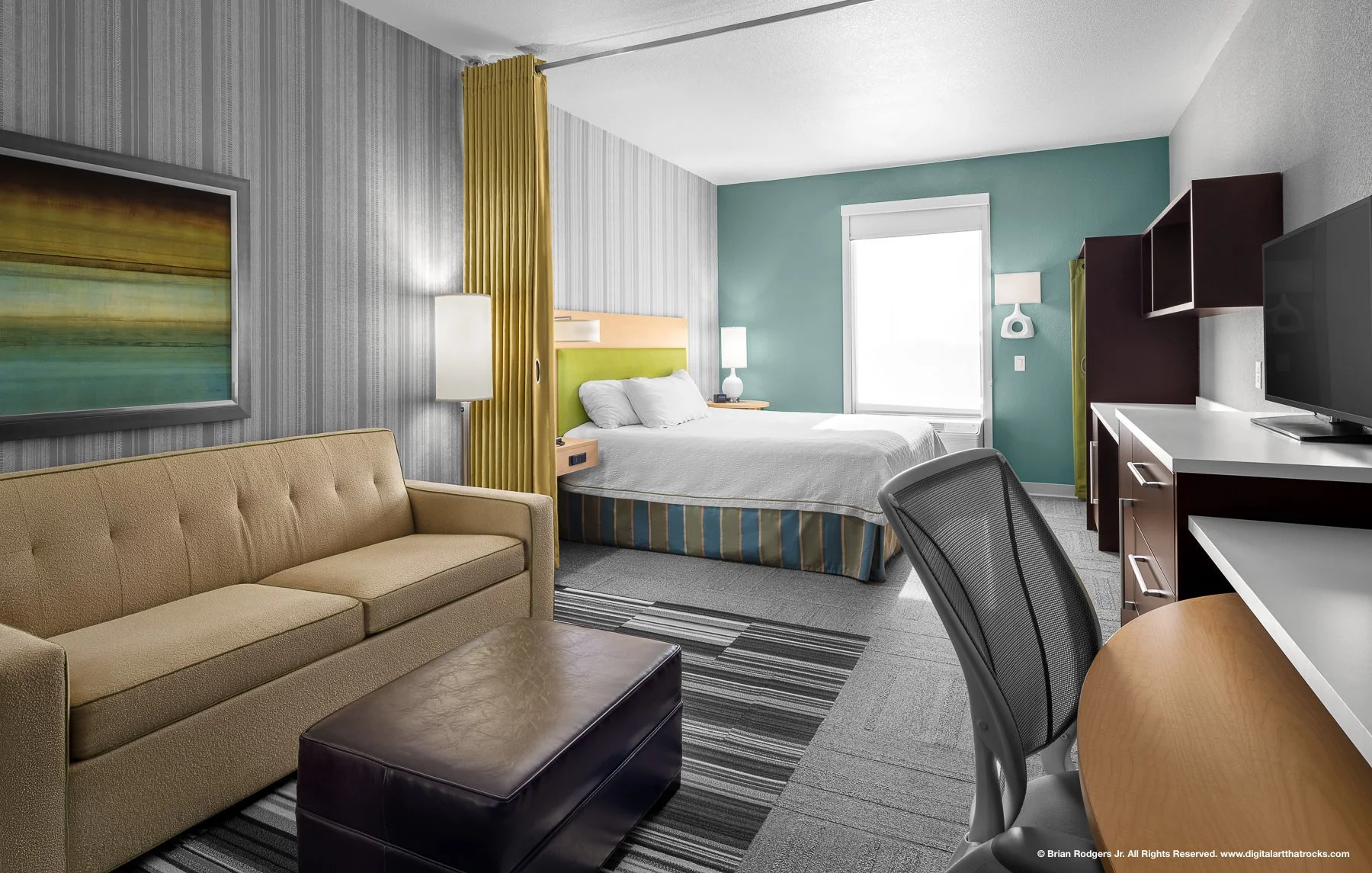 Hospitality architectural photography of a guest suite interior at Hilton Hotel in Indianapolis, Indiana , showcasing furniture, fixtures, and layout for hotel groups and hospitality design firms.