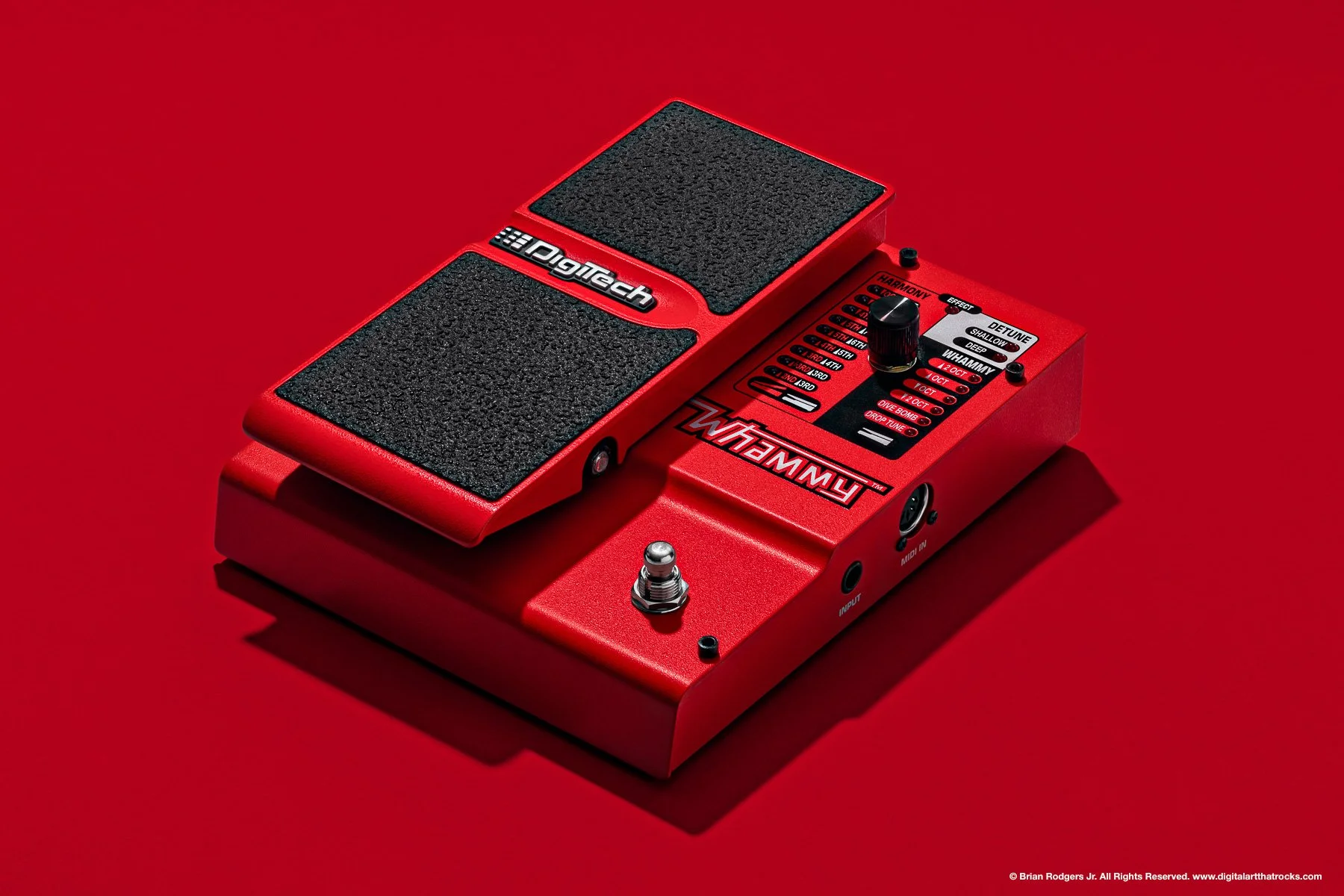 Highly detailed hero shot product photo of an red whammy guitar pedal, photographed with hard light and long shadows on a bold and deep red background.