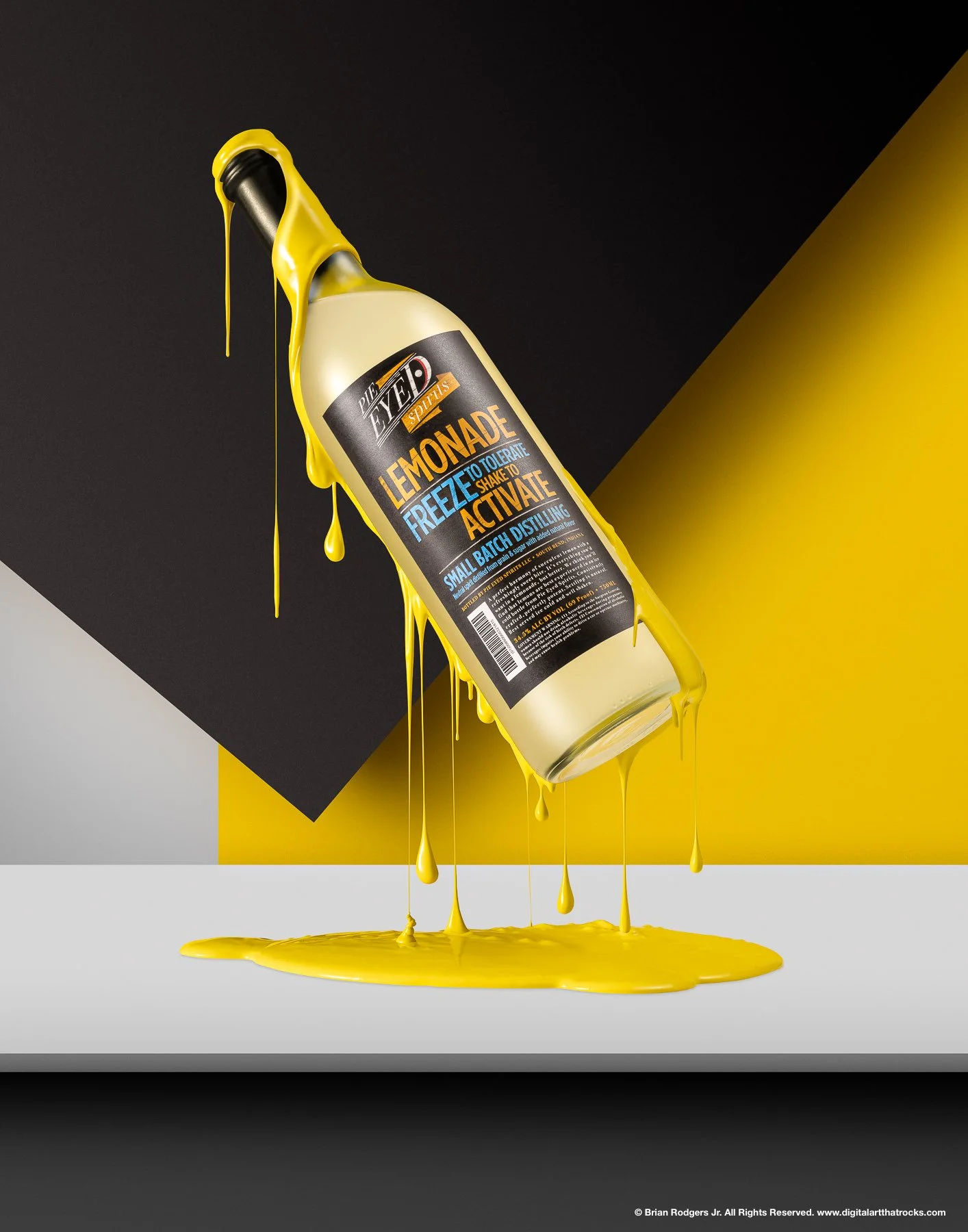 Lemonade liqueur bottle with yellow liquid splash. Commercial product launch beverage photography created for multi-channel advertising use