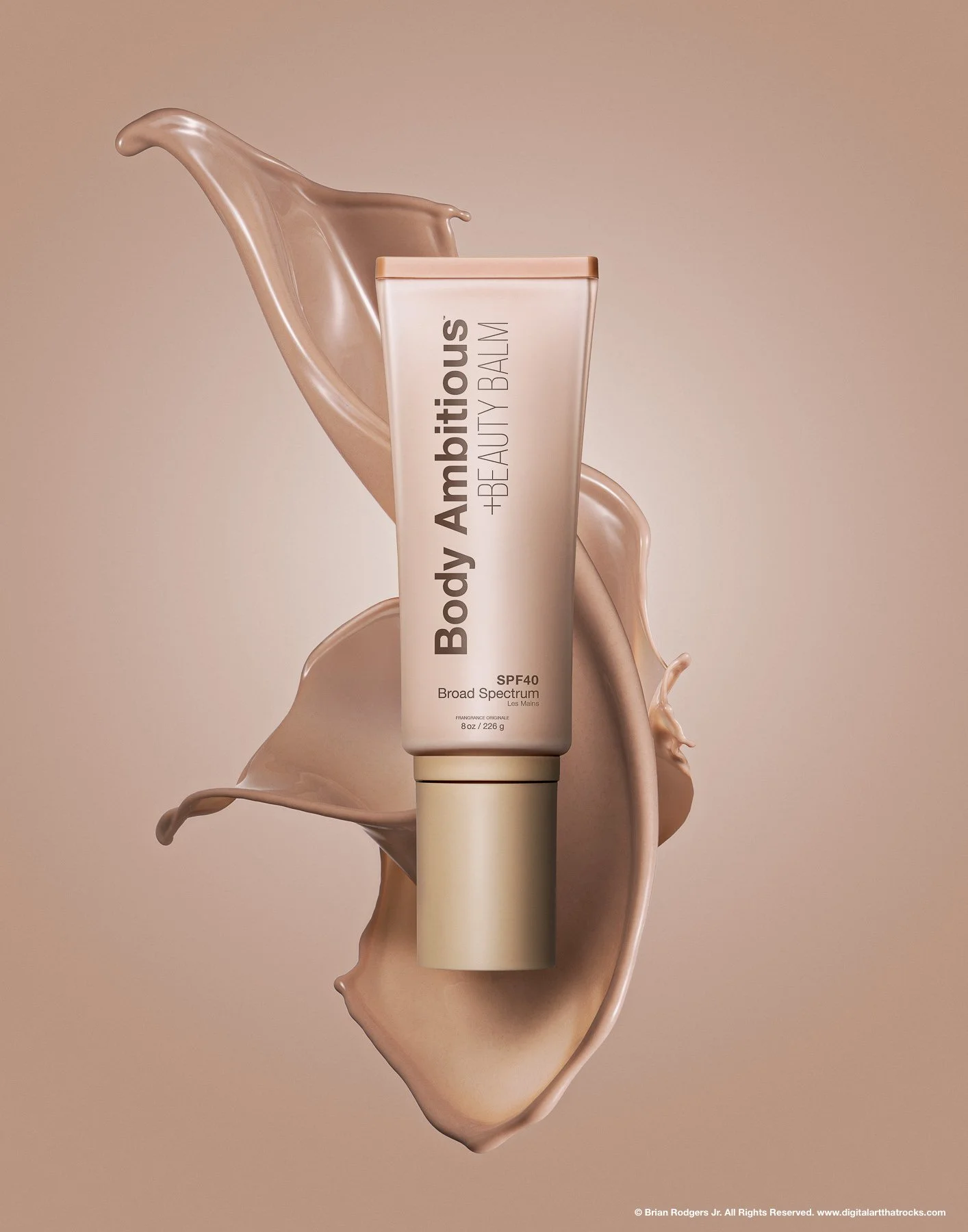 Hero shot of a cosmetic health and beauty bottle with modern label design, beautiful soft lighting and sculpted liquid splash artfully wrapped around the bottle packaging.
