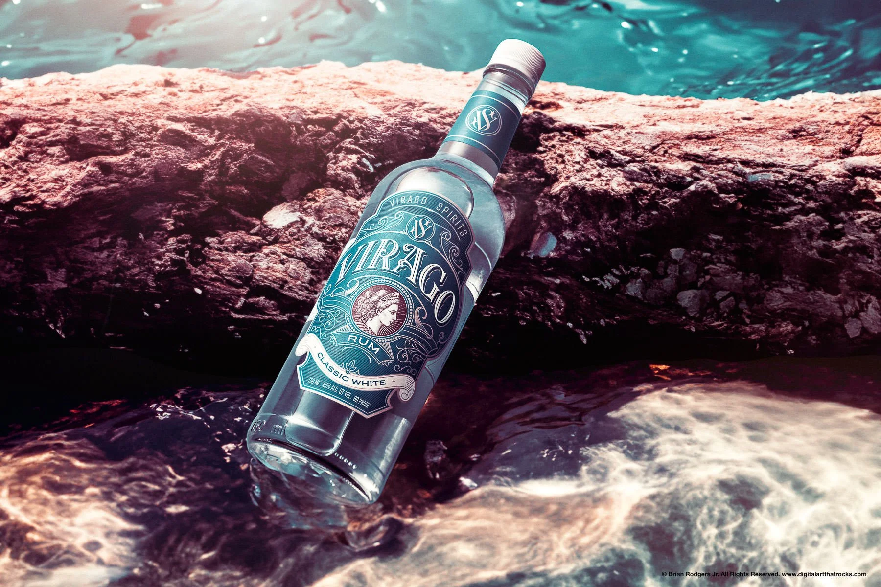 Professional commercial beverage photography of a Virago Spirits Classic White Rum lying diagonally on a sun drenched coastal rock, partially submerged in cool, turquoise blue ocean water. The bottle's blue and white label is clearly visible, reflect