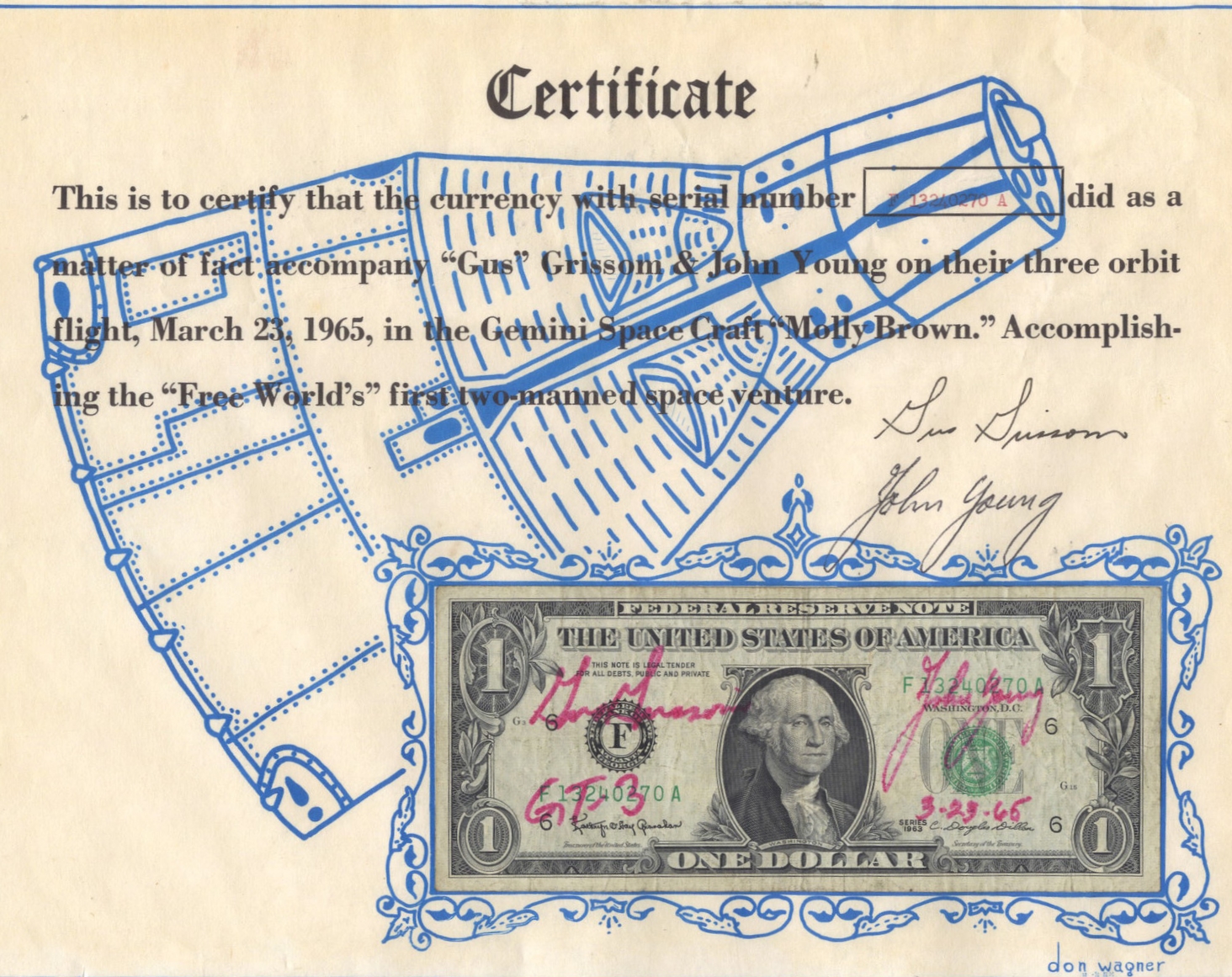 Gemini 3 flown currency presentation, 1965