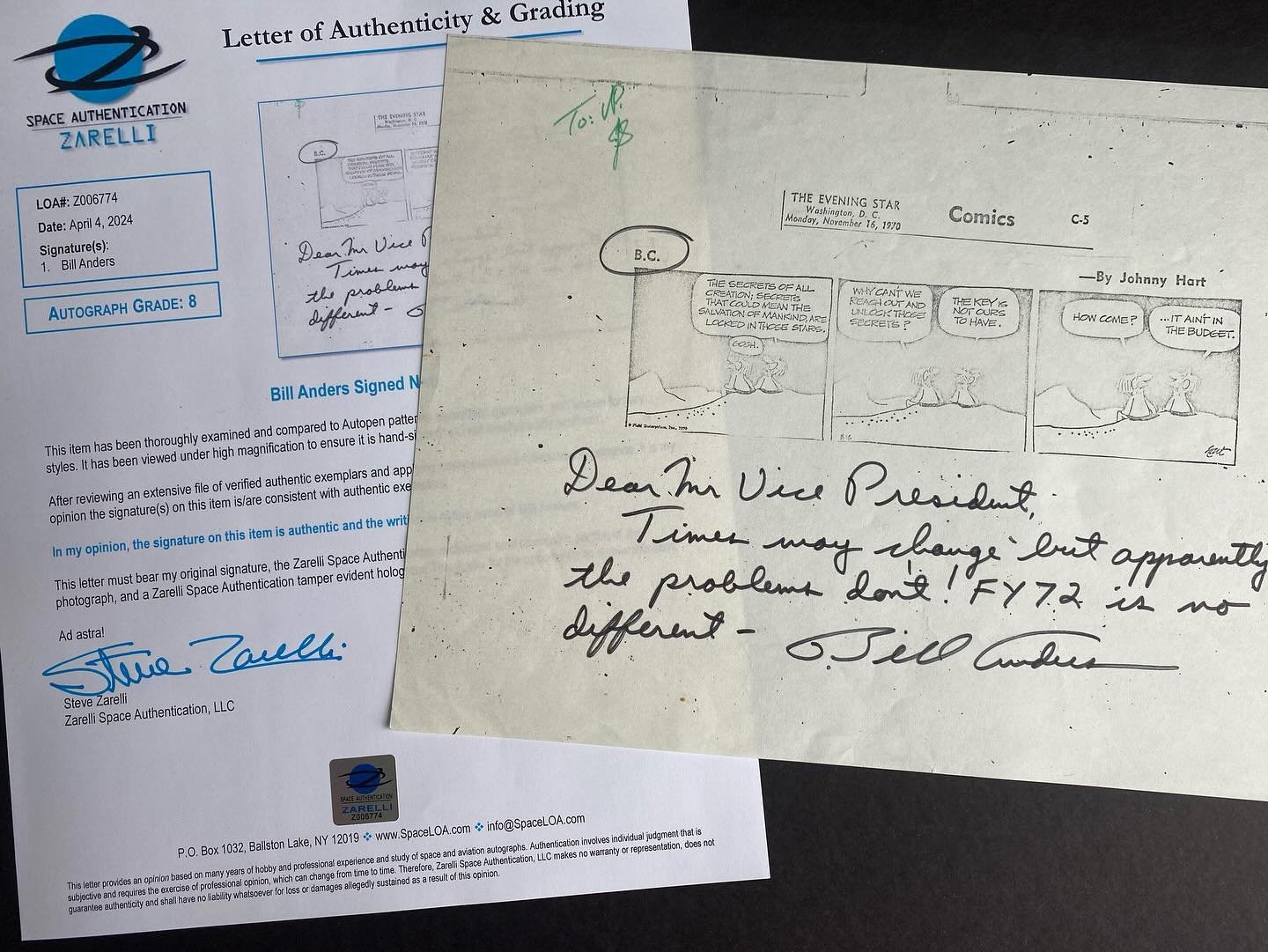 On the authentication desk&hellip; 1972 note from Apollo 8 astronaut Bill Anders to vice president Spiro Agnew. 👀
.
.
.
#ZarelliSpaceAuthentication #Authentic #AuthenticationServices #Astronaut #Cosmonaut #Aviation #Aviators #Autographs #AutographCo