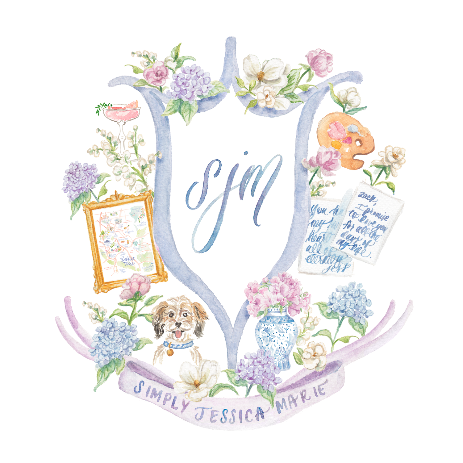 Peonies with Ginger Jars Personalized Watercolor Crest — Simply Jessica  Marie