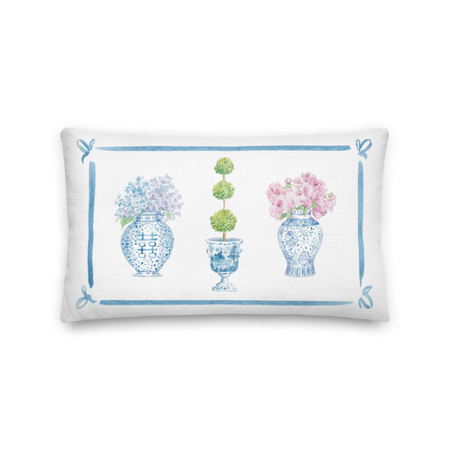 Blue and White Monogram Ginger Jar with Green Gingham Bow Linen Throw Pillow Chinoiserie Decor Pillow Ginger Jar Pillow Custom Pillow