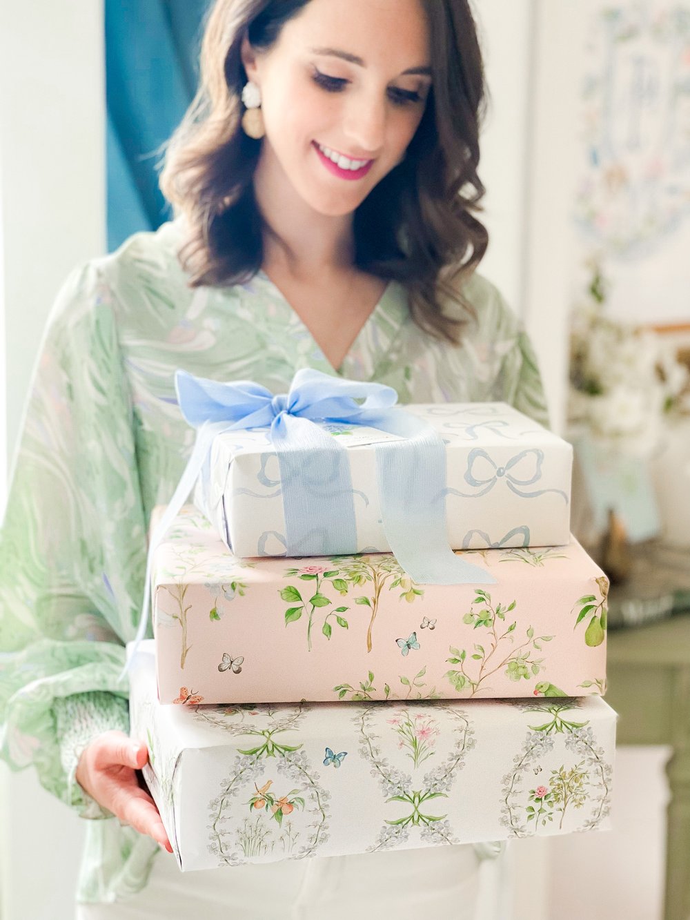 Blue and White Grandmillennial Bows Watercolor Wrapping Paper Sheets —  Simply Jessica Marie