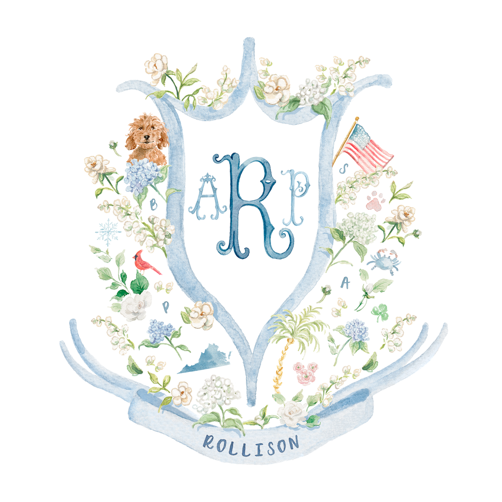 Watercolor Blue Floral Monogram Crest Thank You Cards // notecards //  envelopes // baby // gift // monogram // boy // family // crest