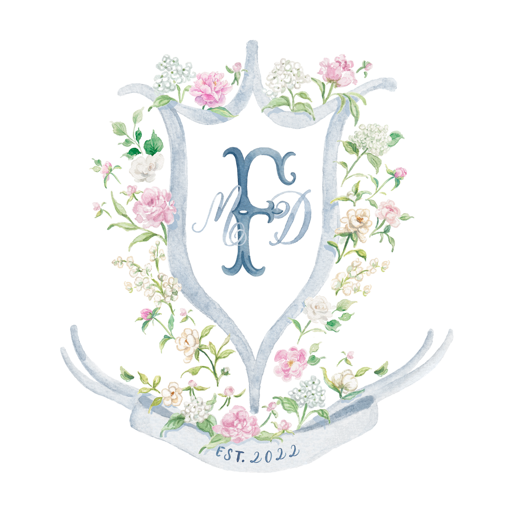Dusty Blue and Blush Watercolor Wedding Crest Monogram 